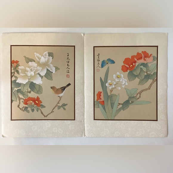 Asian Japanese WaterColor Painting On Silk Set Signed, Matted Bird & Butterfly - Picture 1 of 9